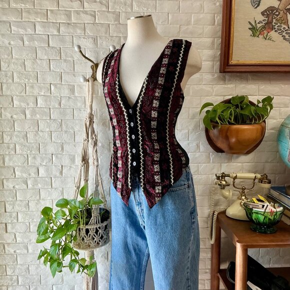 SOLD Vintage 1990s Velvet + Metallic Patterned Whimsigoth Tie Back Vest - Picture 2 of 13